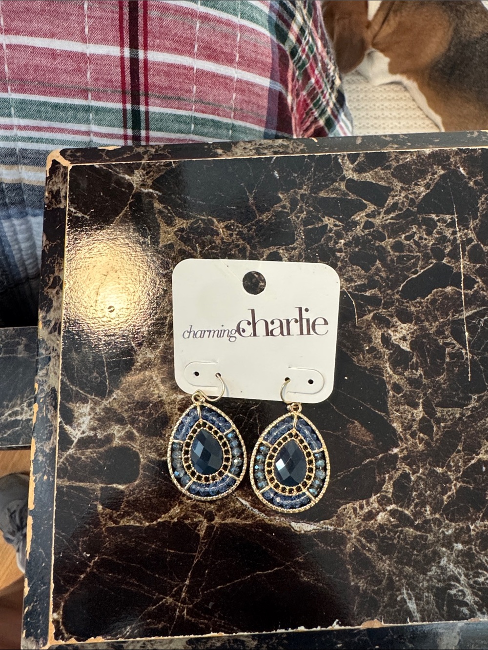 Charming Charlie Navy Blue Teardrop Dangle Earrings with Gold Accent